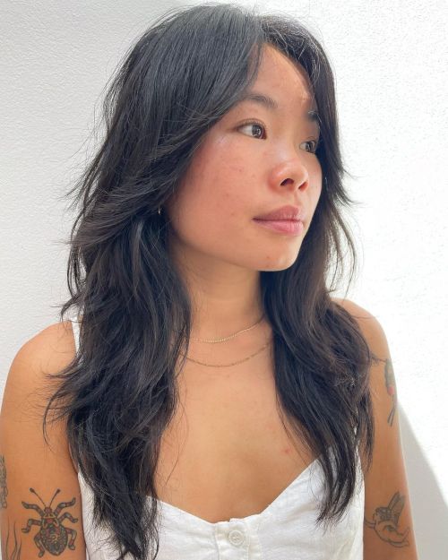 Long Wolf Cut with Wispy Layers Dark Brown Wolf Haircut with Face Framing Layers