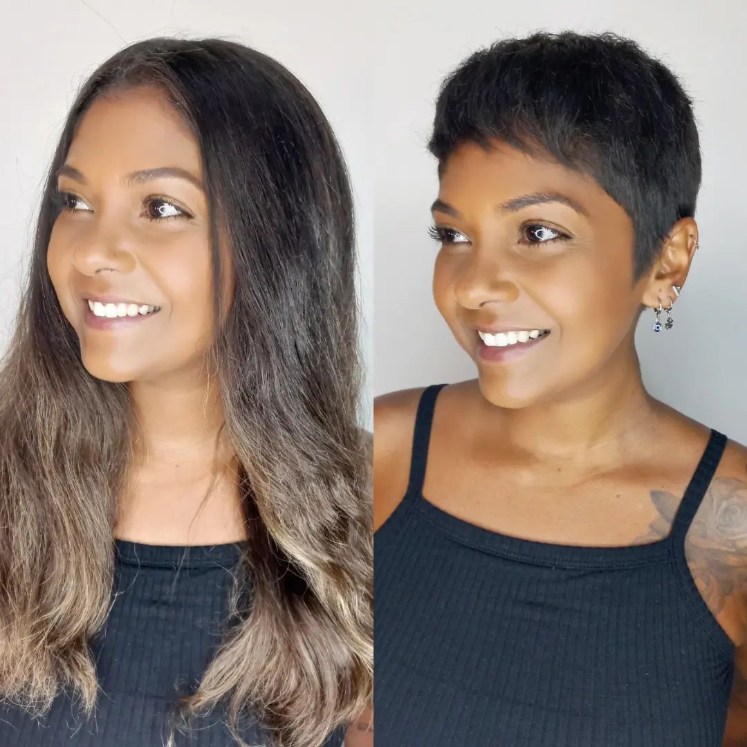 Bold Short Hairstyle Transformation Long Hair to Low Maintenance Pixie Transformation