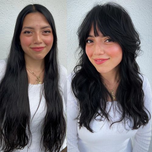 Textured Curtain Bangs on Long Hair Medium Shaggy Haircut with Face raming Bangs