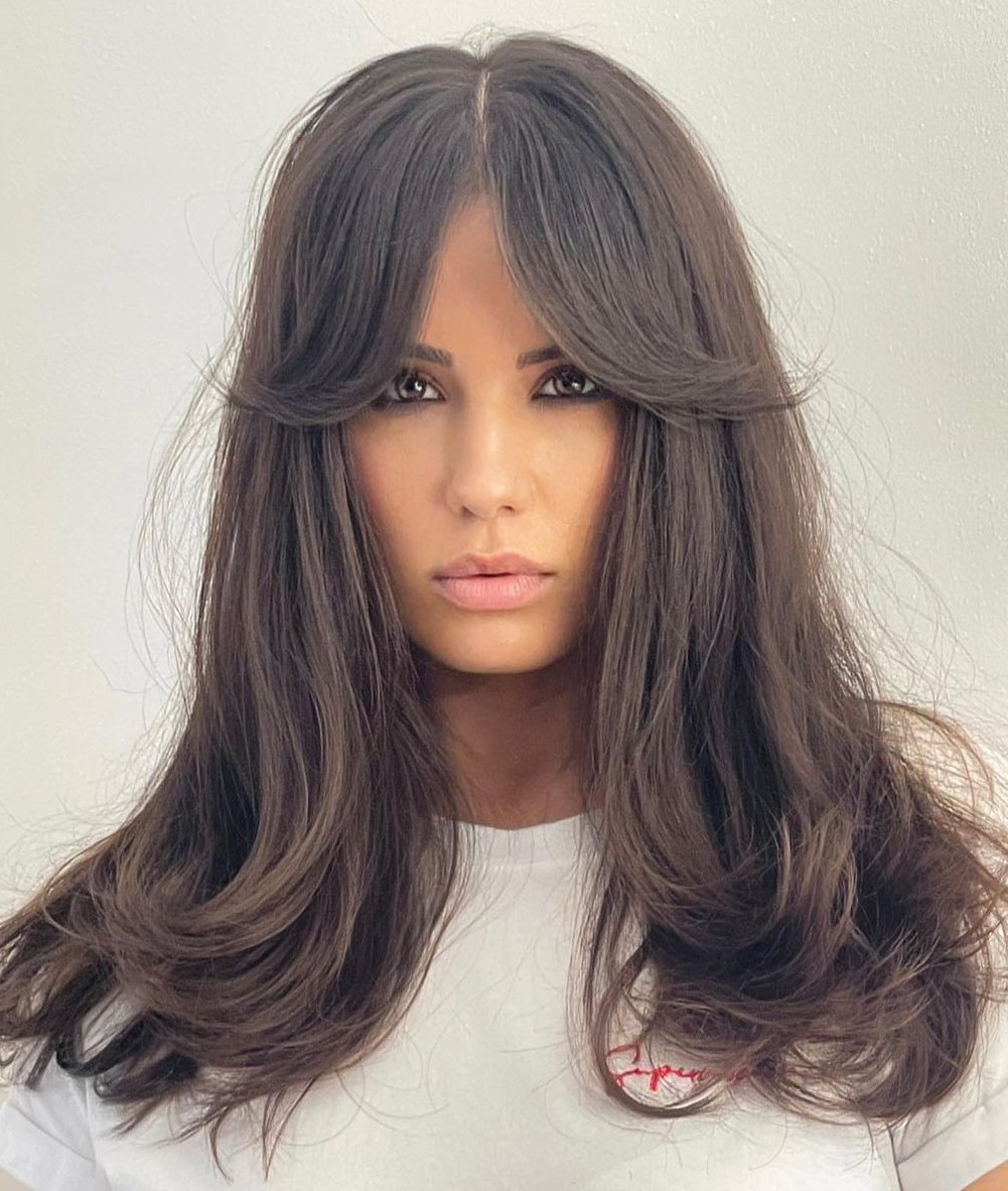 Middle Part Curtain Bangs and Layers Long Thick Hair with Hidden Layers and Parted Bangs