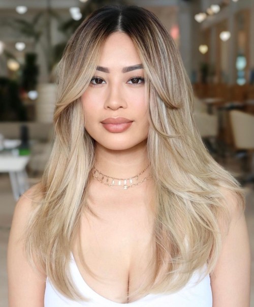 Long Feathered Curtain Bangs Long Straight Hair with Chin Length Bangs and Blonde Balayage