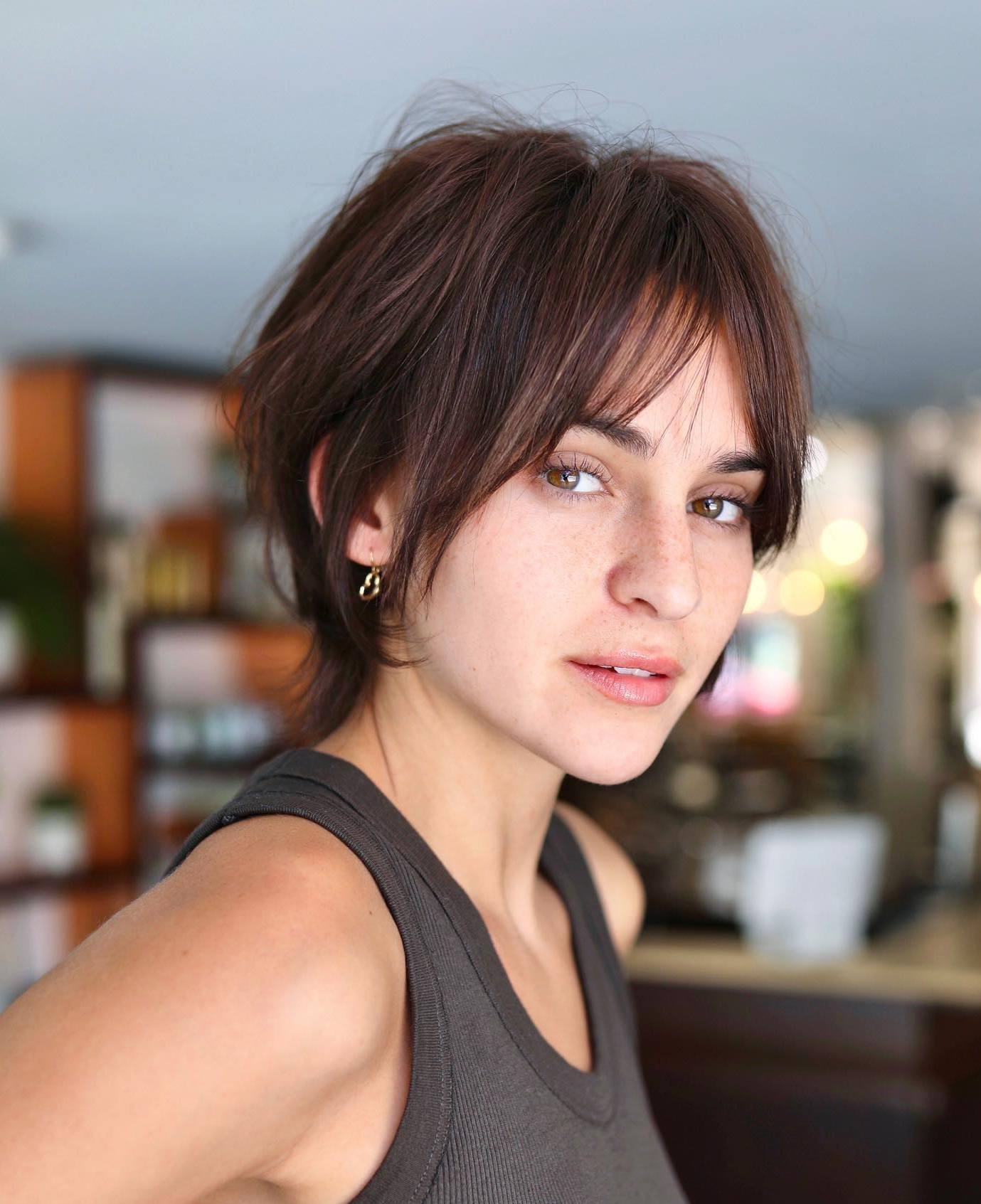 Modern Brunette Pixie for Oval Face Cute Pixie Mullet with Curtain Bangs