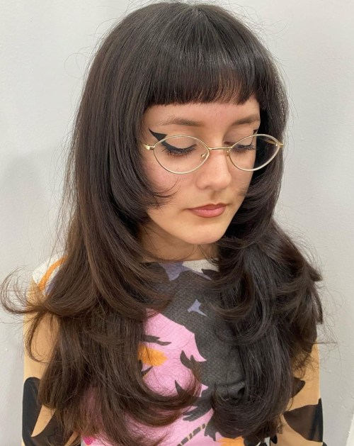 Long Wolf Cut with Choppy Baby Bangs Flipped Wolf Haircut with Micro Fringe