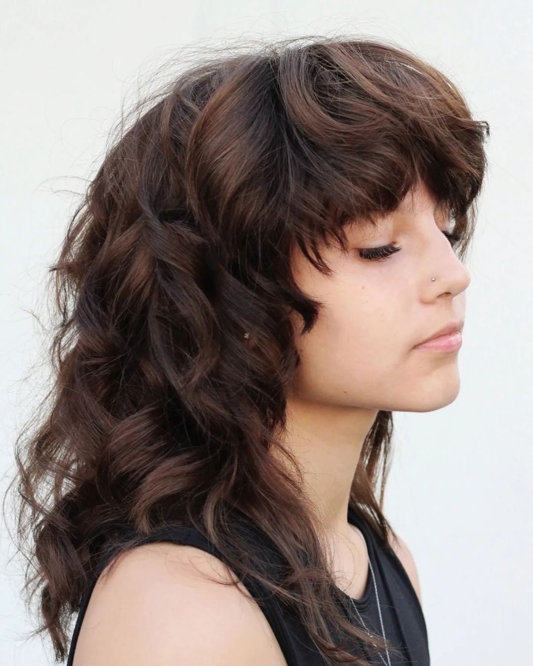 Curly Shag Mullet for Thick Hair Curled Wolf Cut with Full Bangs