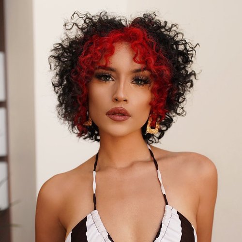 Black and Red Curls Short Curly Cut with Money Piece