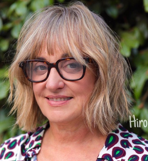 Blunt Cut with Wispy Bangs Shaggy Bob with Platinum Highlights