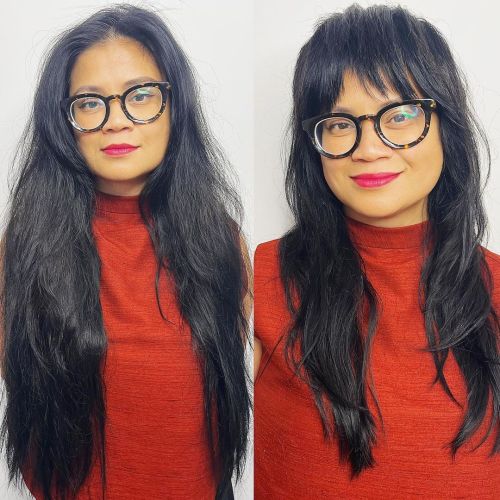 Curtain Bangs and Glasses Curtain Bangs with Long Dark Hair and Glasses Before and After