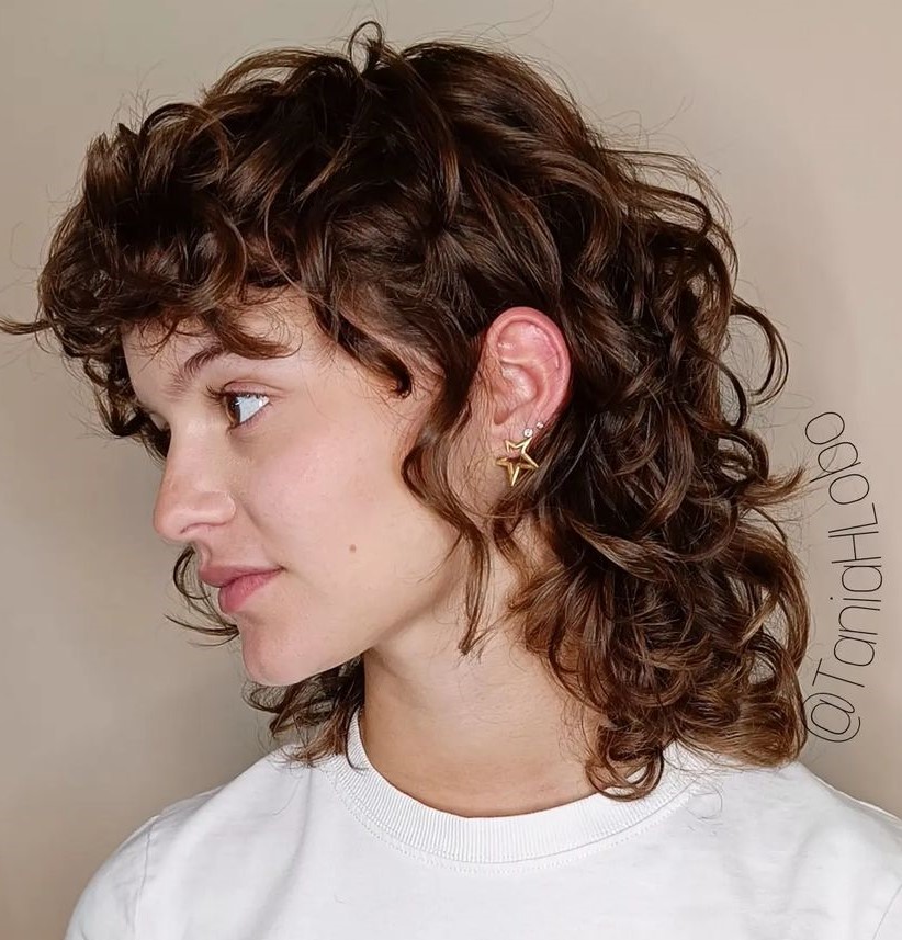 Scrumptious Chocolate Brown Wolf Cut Shoulder Length Mullet with Curly Wolf Cut Bangs