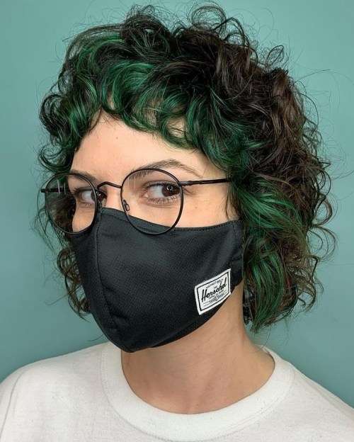 Short Curly Bob with Face Framing Color Rounded Bob with Green Highlights