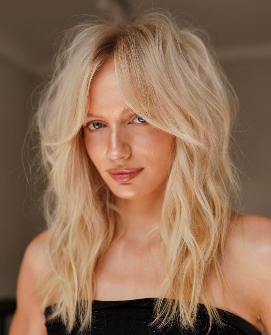 Modern Blonde Shag with Curtain Bangs Messy Layered Cut with Curtain Bangs