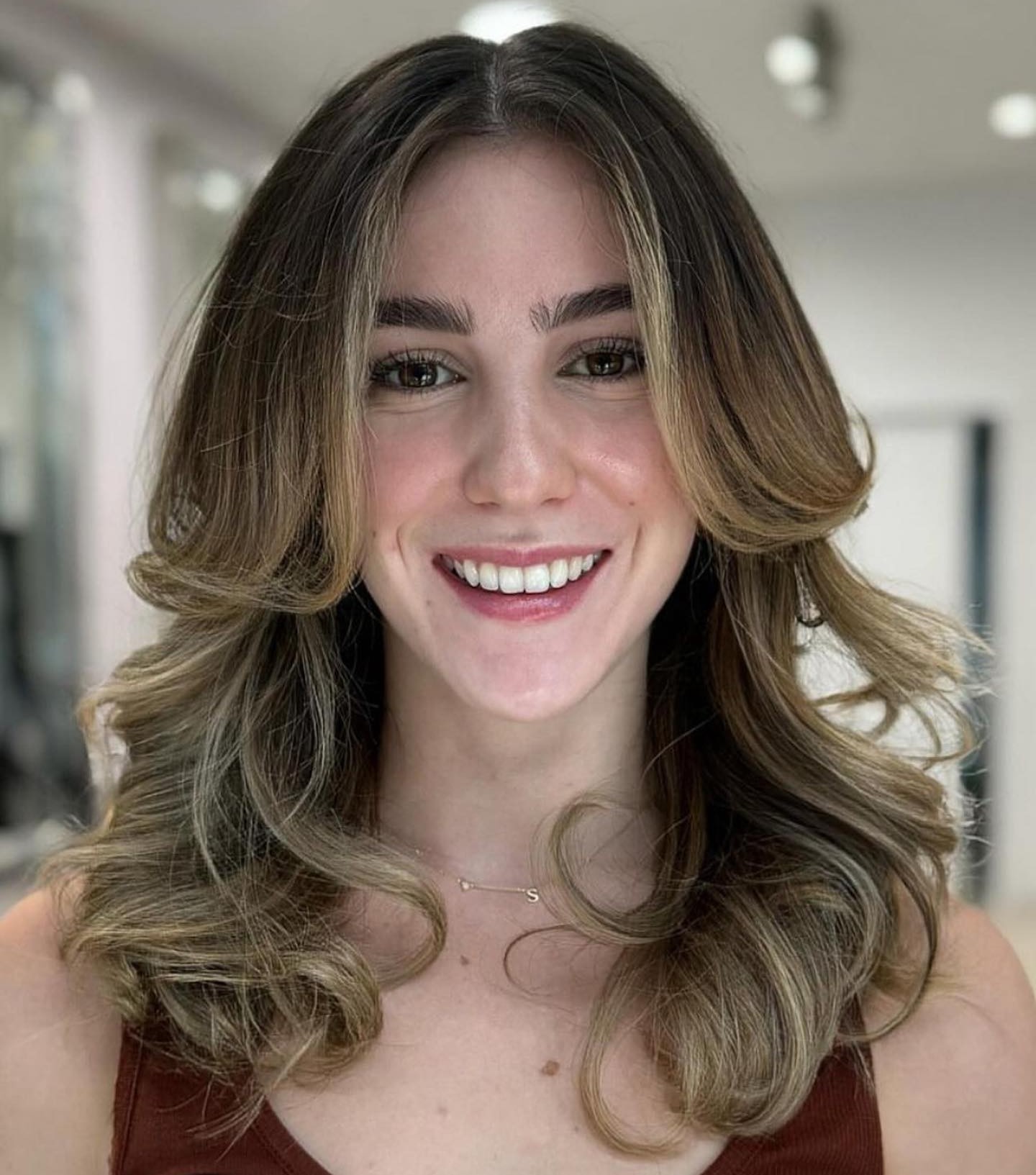 Brown Balayage Hair with Curtain Bangs