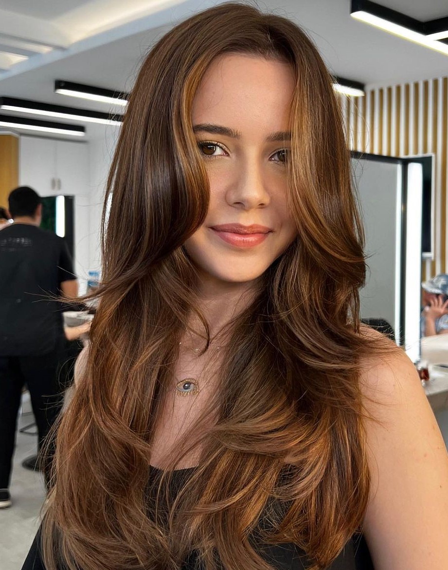 Layered Hair and Curtain Bangs with Sombre Warm Brown Hairstyle with Face Framing Layers