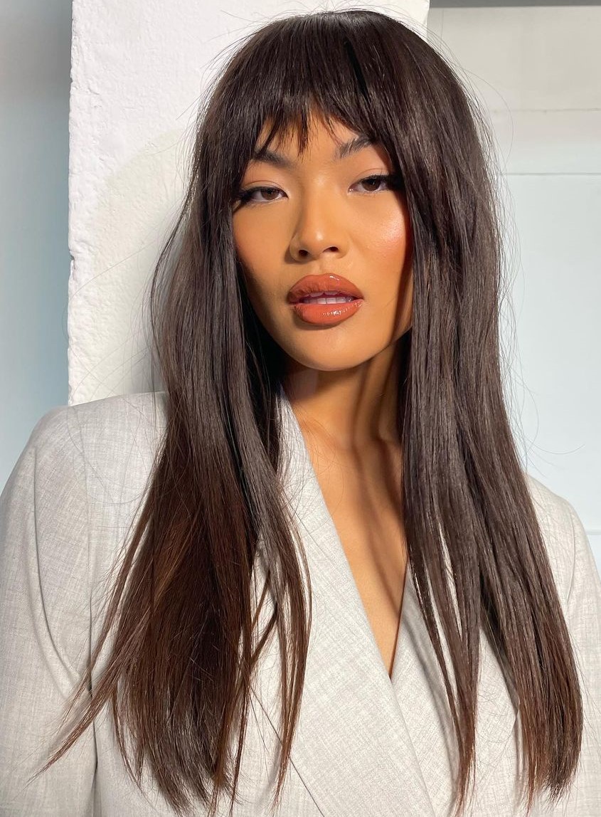 Faux Bangs Long Dark Chocolate Hair with Faux Bangs