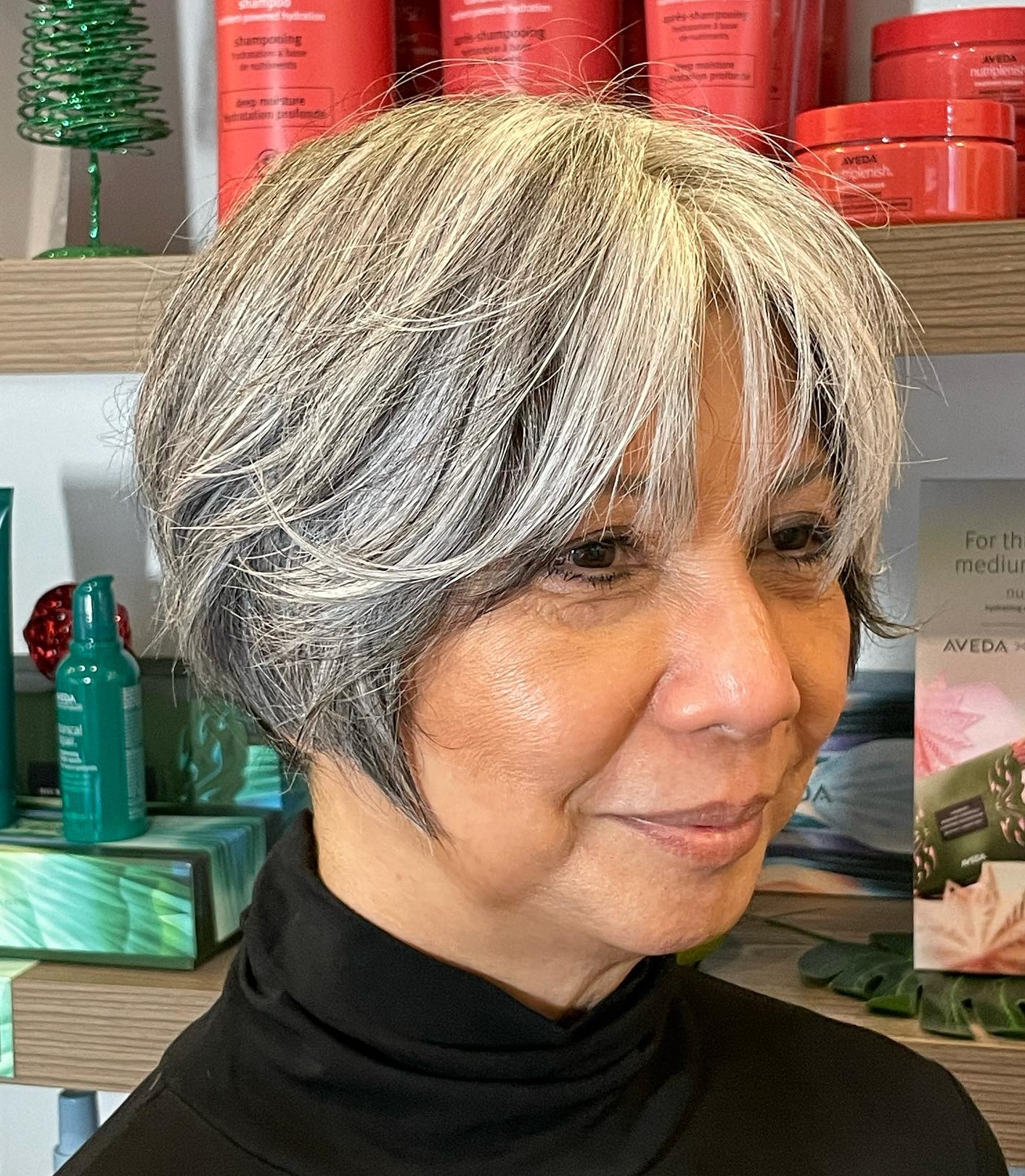 Angled Salt and Pepper Bixie with Face Framing Bangs