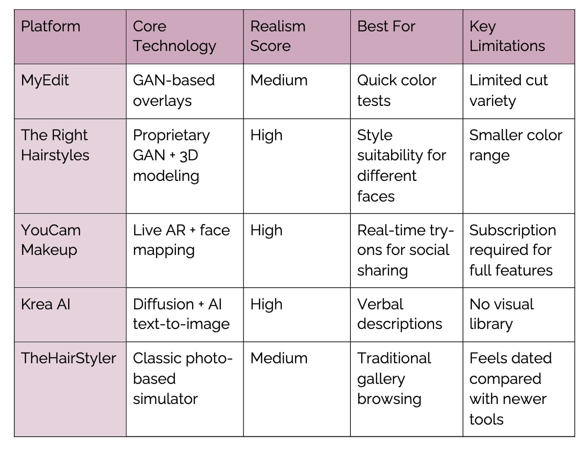 Top AI Hairstyle Tools 2025-Comparison Chart and Table with Main Features & Limitations