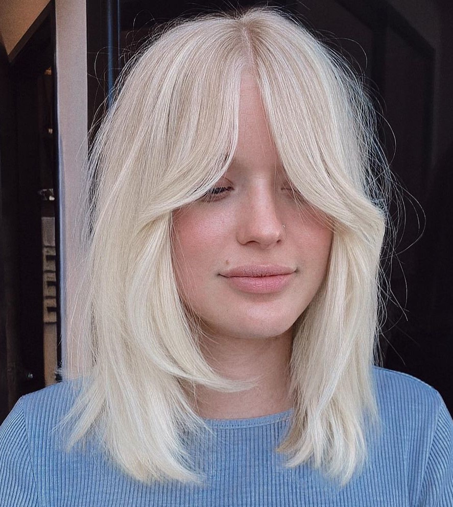 Bottleneck Bangs Blonde Shoulder Length Cut with Bottleneck Bangs