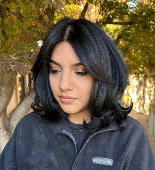 Straight Black Lob with Curtain Bangs