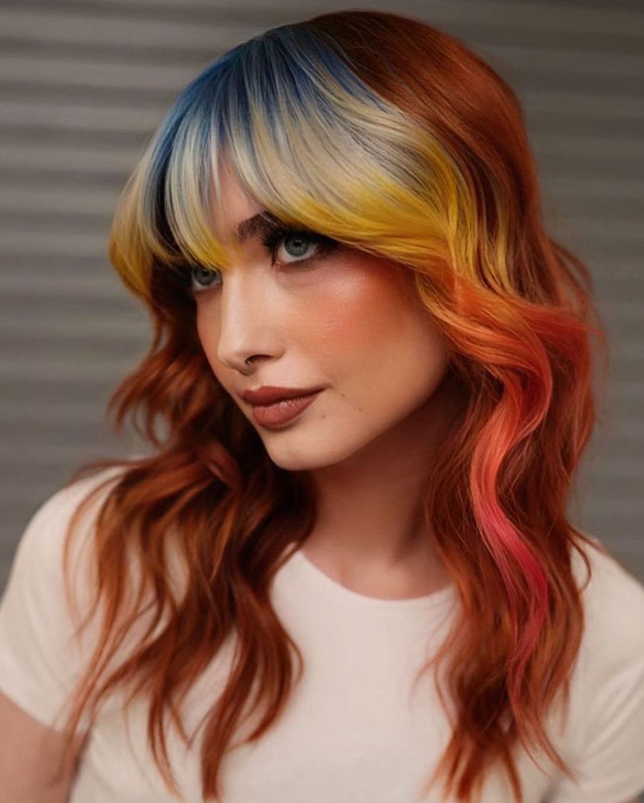 Block Colored Bangs Vibrant Color Block Hairstyle with Bangs