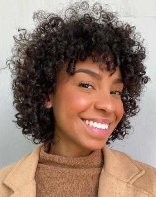 Tight Messy Ringlets Curly Bob with Short Curly Bangs