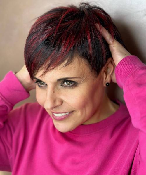 Feathered Dark Pixie with Red Highlights