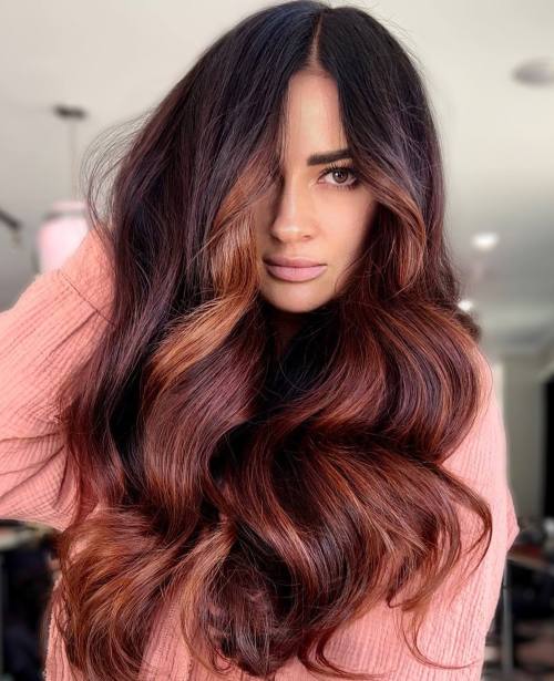 Cool Burgundy Hair with Chunky Auburn Highlights