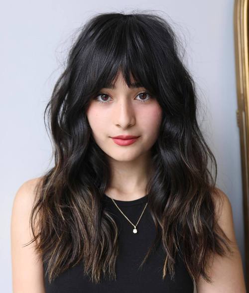 Long Black Wolf Cut with Highlighted Ends