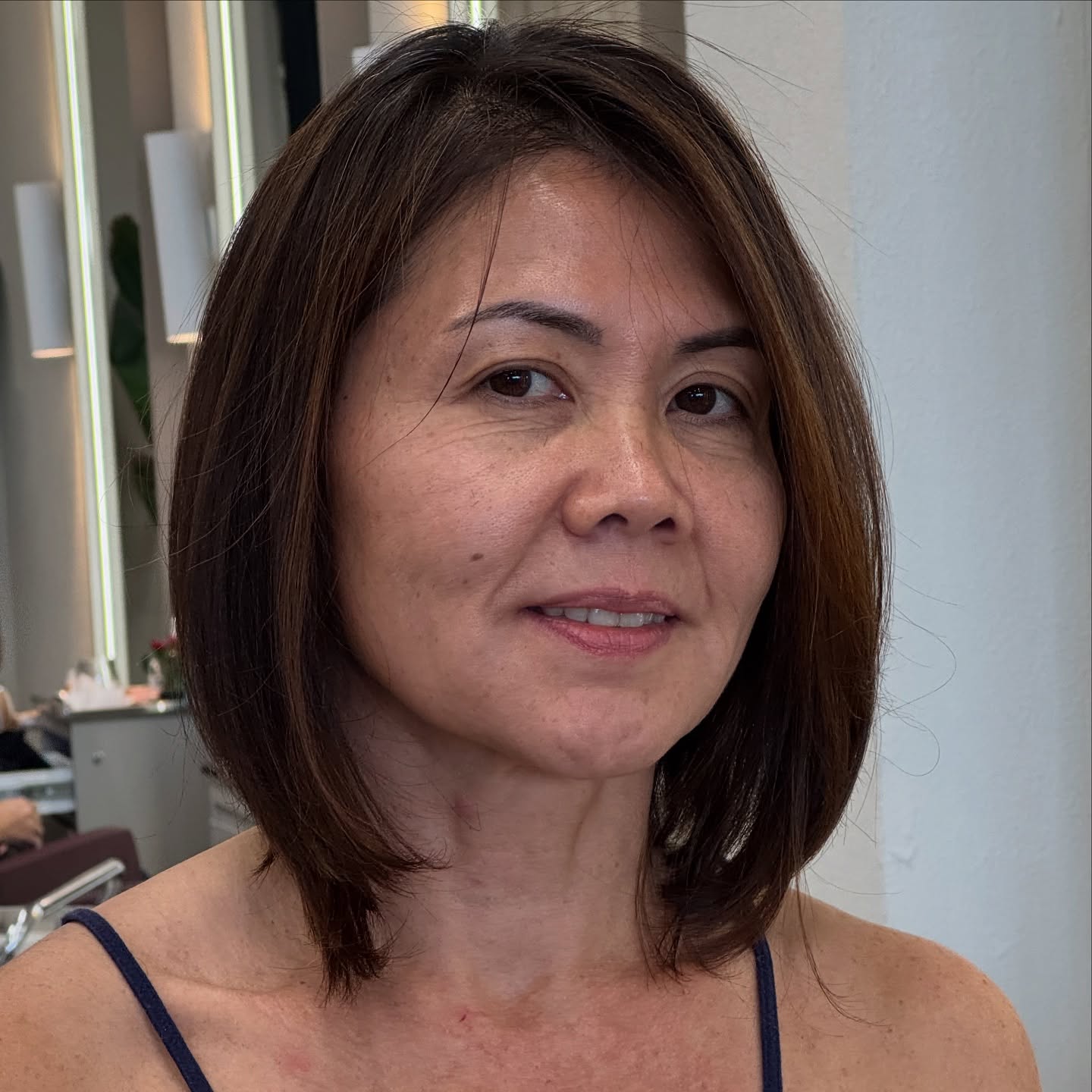 Over Warm Brunette Lob for Medium Hair