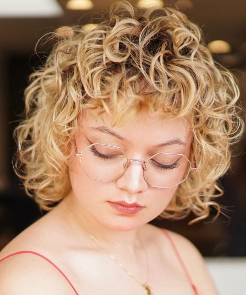Soft Blonde Curls Blonde Curly Bob with Bangs