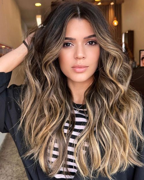 Brunette Waves with Sandy Blonde Highlights