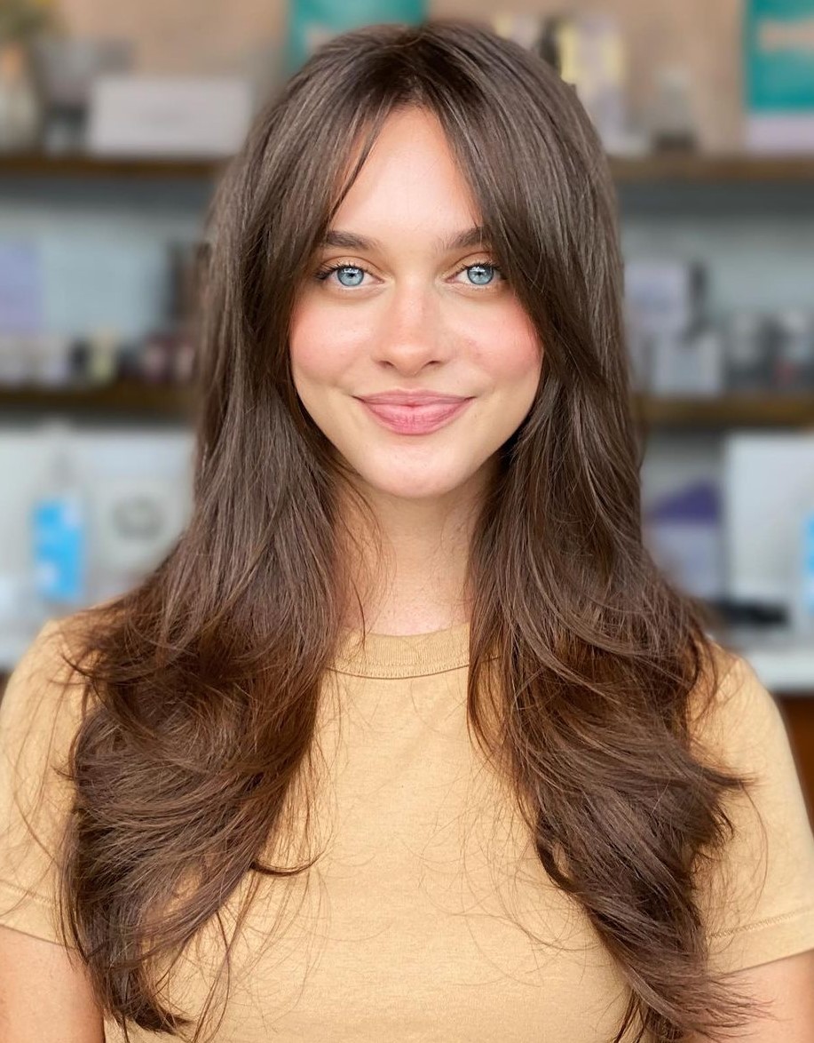 Face-Framing Layers and Curtain Bangs Long Brunette Hair with Layers and Curtain Bangs