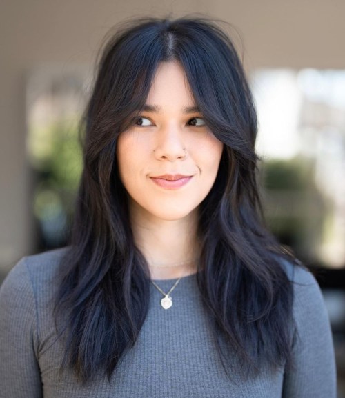 Jet Black Long Hair with Curtain Bangs Long Hair with Long Curtain Bangs and Layers