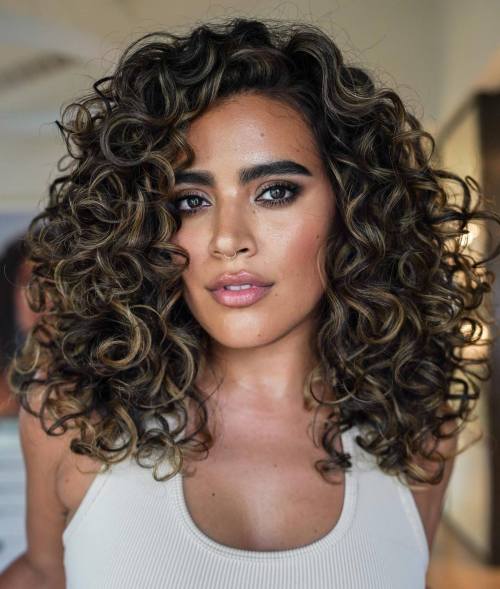 Shoulder Length Touchable Black Curls with Highlights