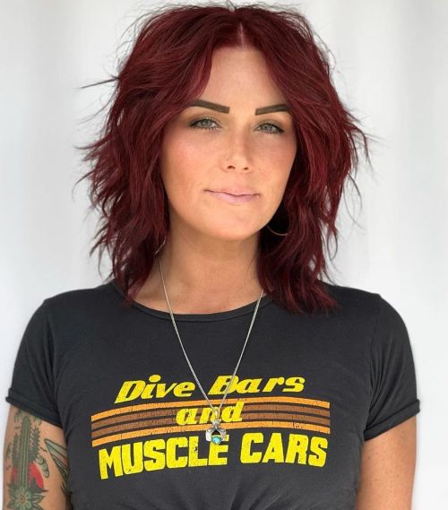 Collarbone Center Parted Burgundy Shag