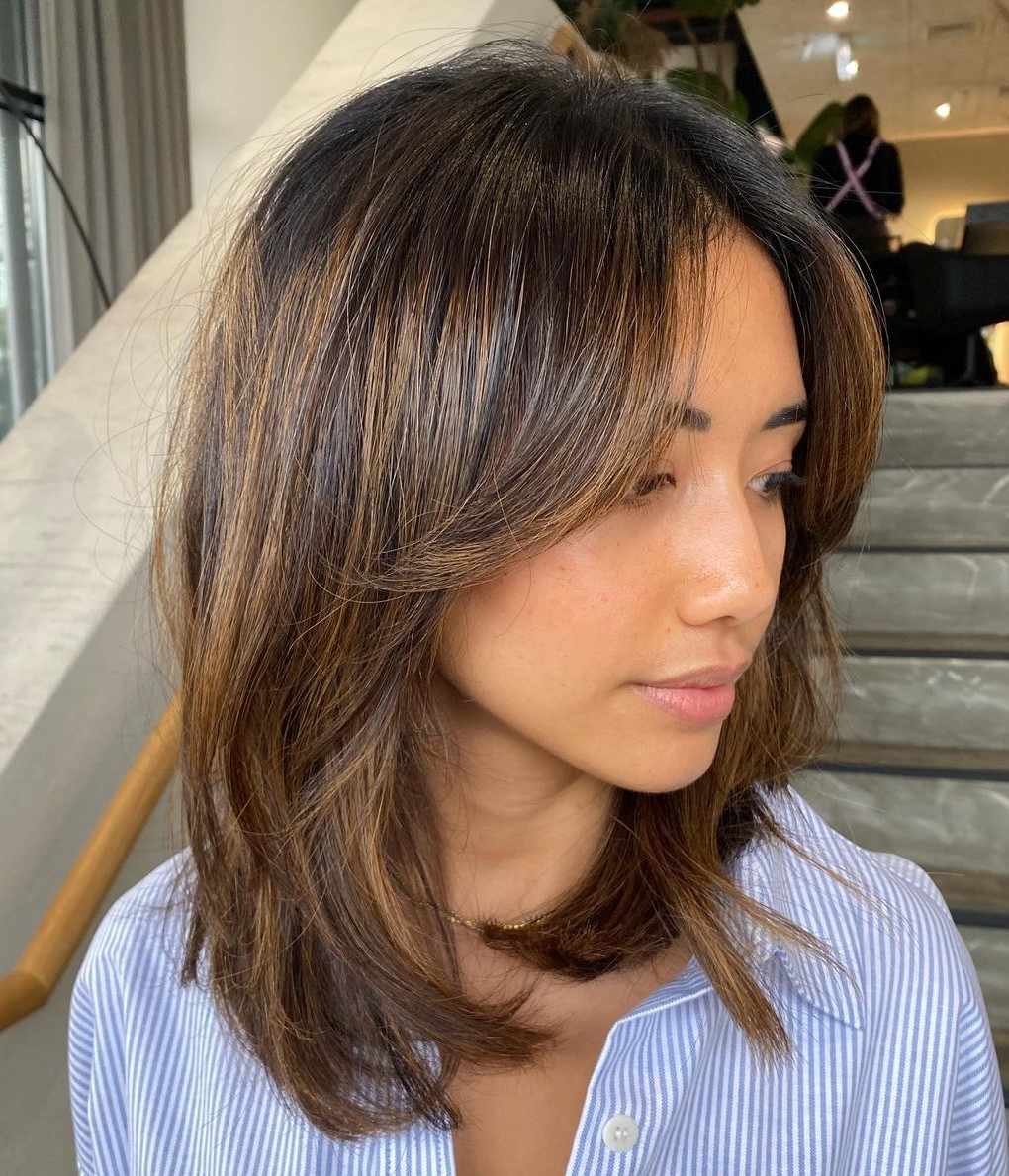 Curtain Fringe and Balayage Medium Haircut with Bangs for Soft Straight Hair