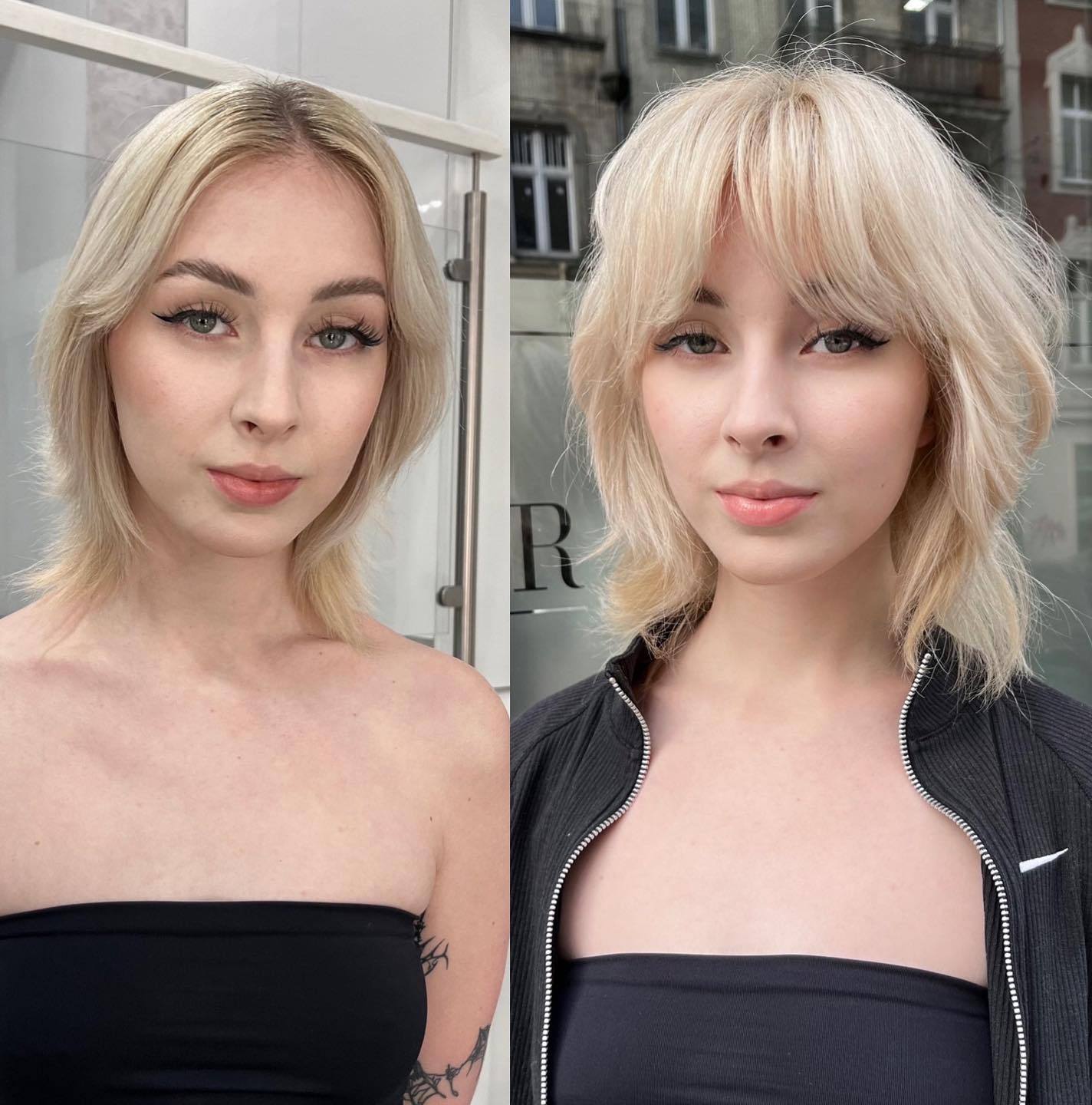 Neck-Length Wolf Cut with Elongated Bangs Short Wolf Cut with Long Wispy Bangs